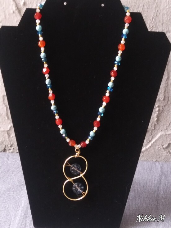 Jewelry - Synthetic Turquoise and Carnelian Beaded Necklace with Gold Double-Ring Pendant